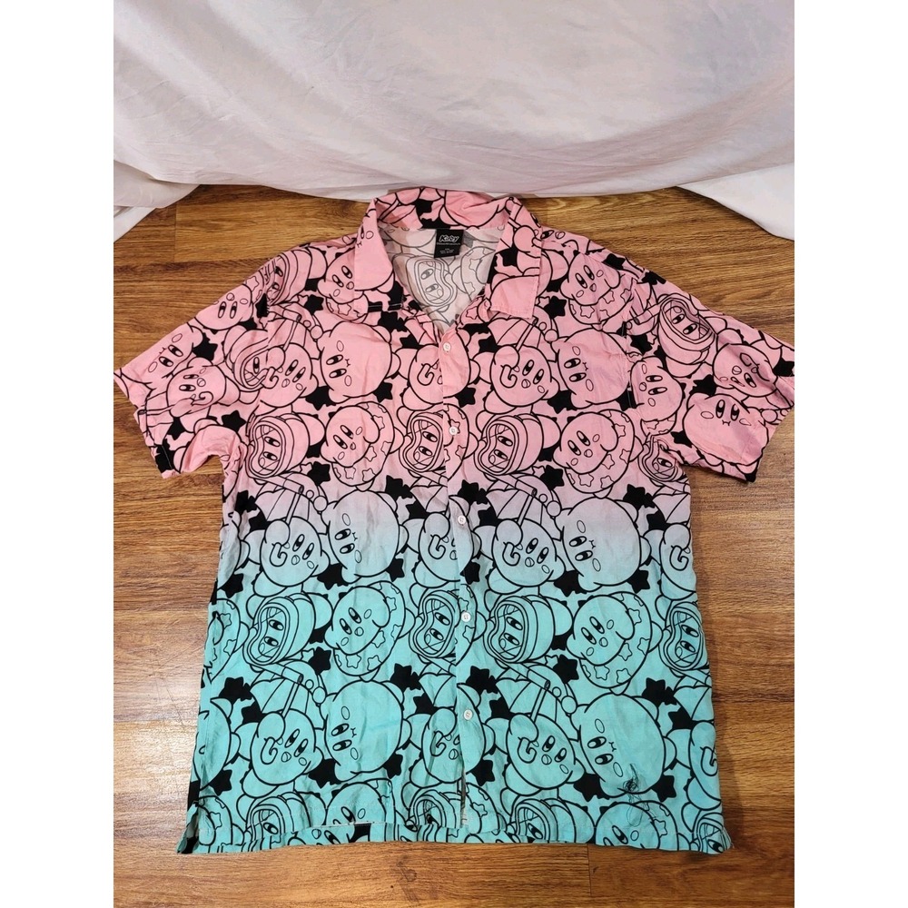 Kirby Nintendo Button Up Shirt Mens XXL Ombre EUC Cartoon Hal Laboratory Gamer
